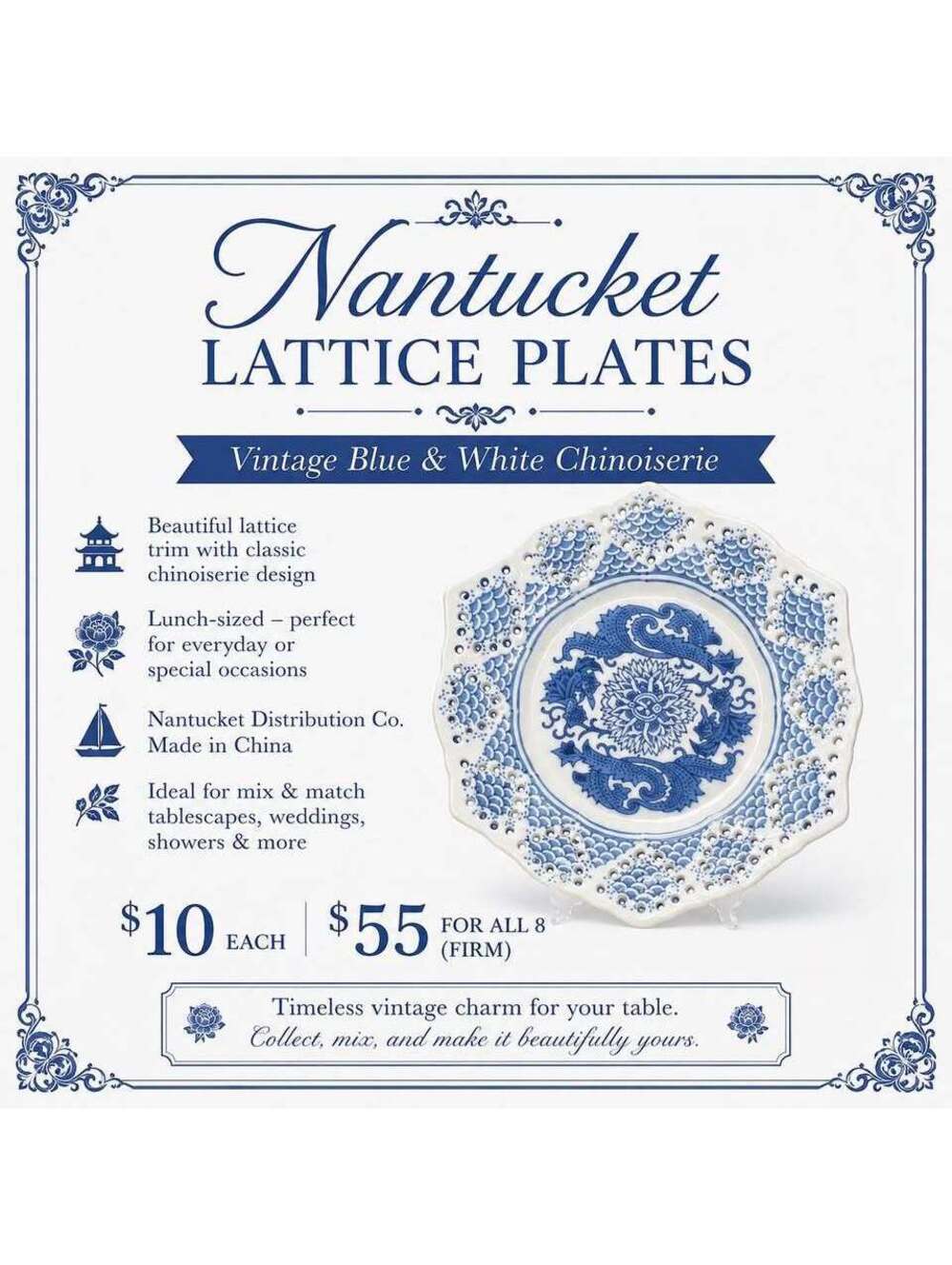 Vintage Nantucket Blue & White Chinoiserie Plates